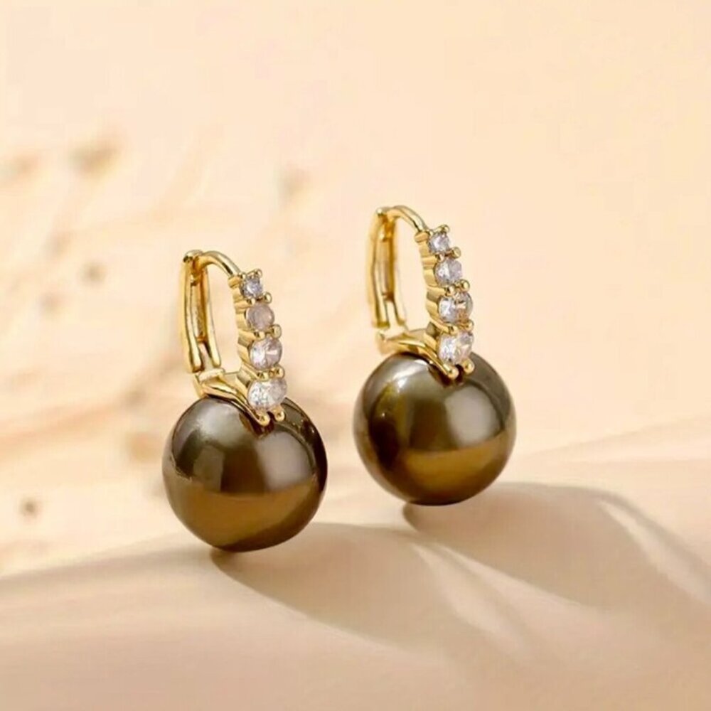14K Gold Huggie Hoop Earrings Brown Chocolate Pearl Crystal Pave Elegant
